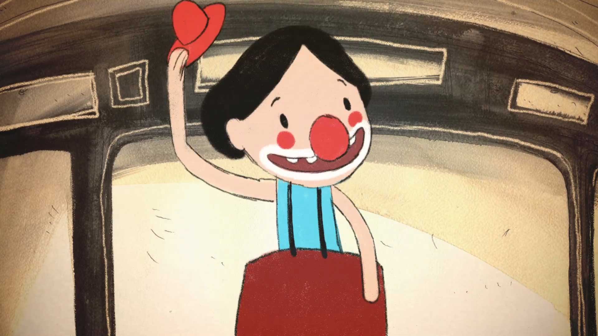 Fotograma de película en animación, dibujo a mano. Malabarista dibujado en colores con nariz de payazo saluda con su sombrero.