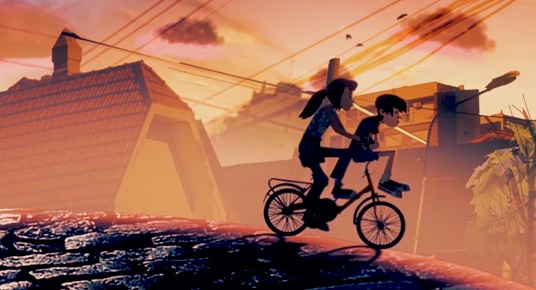 Fotograma de animación: por la calle de una ciudad, una niña anda en bicicleta llevando a un niño más chico en el manubrio.