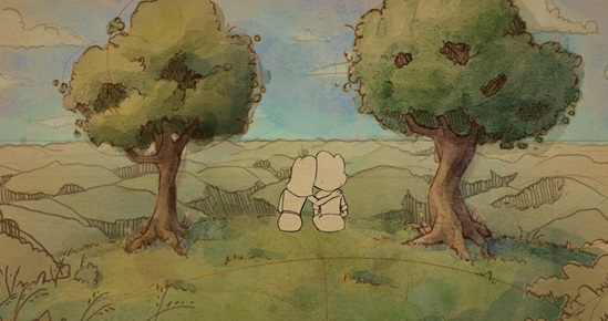 Fotograma de animación 2D. En estilo ilustración, se ve un paisaje campestre donde todo es verde hasta el horizonte. En el primer plano, entre dos arboles, dos figuras femeninas están sentadas en el pasto mirando hacia el horizonte y abrazándose.