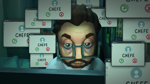 El personaje Théo aparece muy cansado, con ojeras profundas y una expresión de agotamiento. Está frente a la computadora, rodeado de decenas de ventanas flotantes en la pantalla —todas con el nombre “JEFE” llamándolo de forma insistente. Las notificaciones cubren casi toda la imagen, asfixiando al personaje. La luz verde y fría de las pantallas acentúa aún más su desgaste emocional. Es una representación clara de la presión corporativa invadiendo su vida.