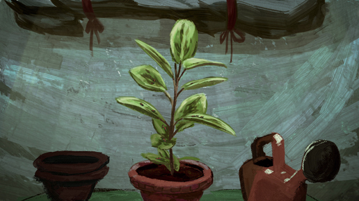 Ilustración de una maceta pequeña con una planta verde en el centro de la imagen. Las hojas tienen manchas oscuras y se observan pequeños insectos sobre ellas. A la izquierda hay una maceta vacía y, a la derecha, una regadera inclinada. Al fondo se ve una superficie clara con pinceladas visibles y una línea superior decorada con lazos rojos. La escena sugiere un entorno doméstico sencillo y cierto cuidado de la planta, a pesar de los signos de deterioro.