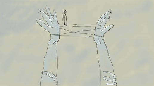 Ilustración de dos manos grandes, orientadas una hacia la otra, formando una especie de soporte en el centro de la imagen. Entre las manos, varios hilos finos se extienden horizontalmente, como cuerdas tensadas. Sobre estos hilos, una pequeña figura humana camina en equilibrio, como si estuviera sobre una cuerda floja. El fondo es claro y neutro, destacando la fragilidad de la escena y la relación de escala entre las manos y la persona.