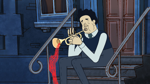 Ilustración de un hombre sentado en una escalera exterior, tocando una trompeta. Tiene los ojos cerrados y una expresión concentrada. Del interior del instrumento fluye un líquido rojo intenso que cae hacia el suelo. Al fondo se observa la fachada de una casa con puerta y ventana, lo que sugiere un entorno urbano sencillo.
